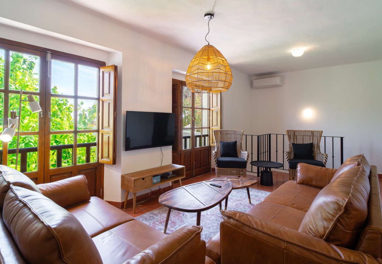Grand salon-salle à manger avec une décoration moderne et des canapés confortables à Villa Lorca, Nerja.